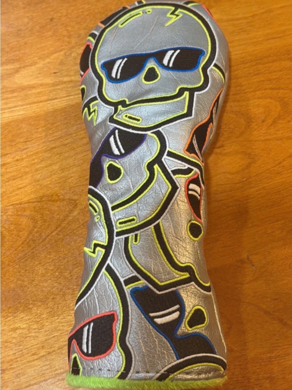 Silver Skull-Print Golf Club Headcover with Neon Accents